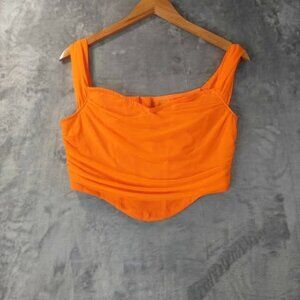 Womens Orange Ruched CropTop L SquareNeck Zip Back Festival Flirty bold Clubwear